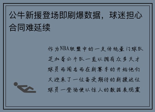 公牛新援登场即刷爆数据，球迷担心合同难延续