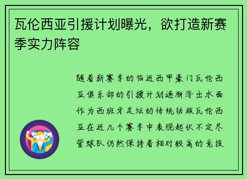 瓦伦西亚引援计划曝光，欲打造新赛季实力阵容